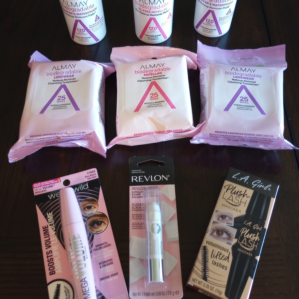 New Sealed Cosmetics Lot Almay Eye Makeup Remover Wipes, Revlon Mascara Lip Balm